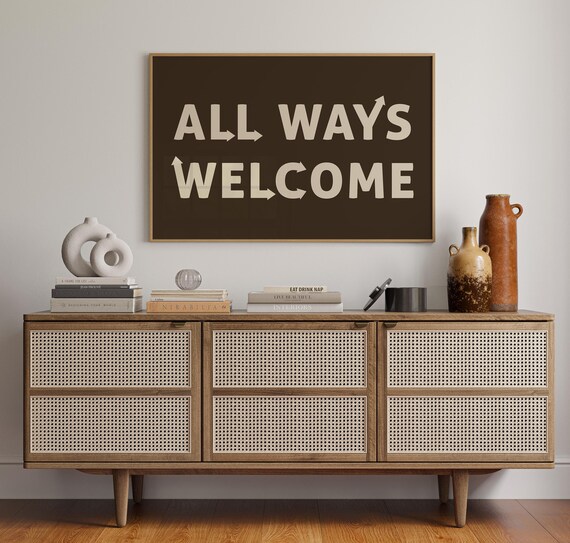 All Ways Welcome Typography Print in Warm Neutral Tones with Arrows