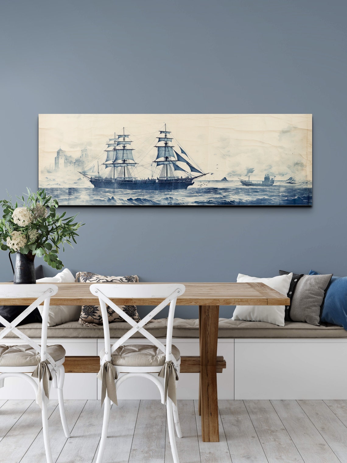 Vintage Pirate Ship Blue Ink Sketch On Stormy Sea Panorama Poster - Image 3