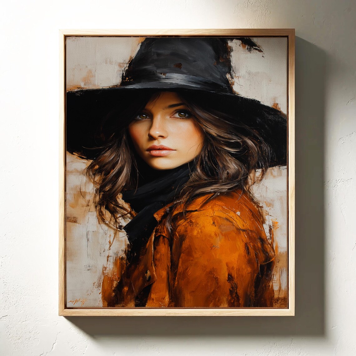 Western Cowgirl Frontier Black Hat Rust Jacket Painterly Portrait Poster