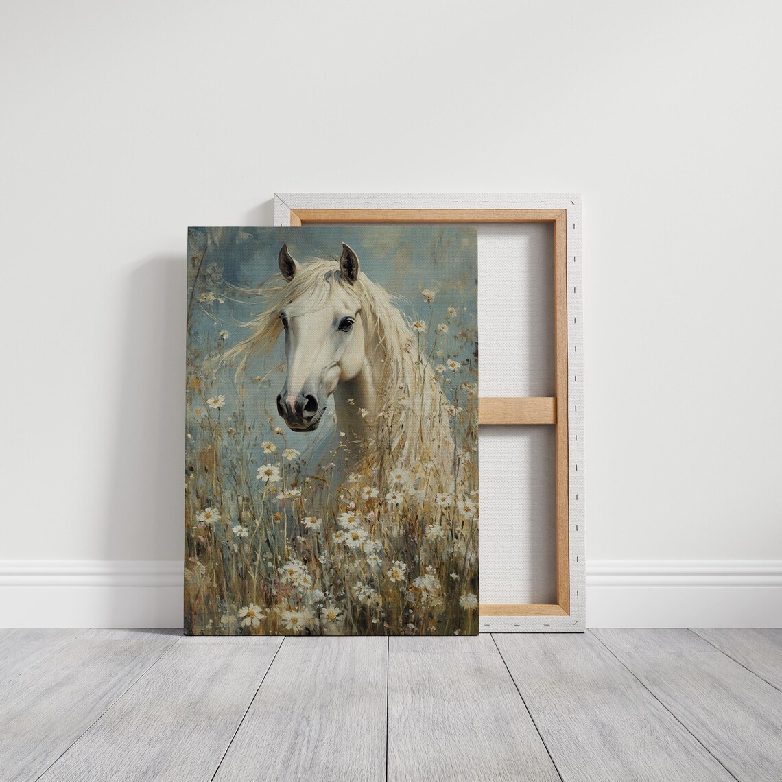 White Horse In Wildflower Meadow, Rustic Art Print - Image 5