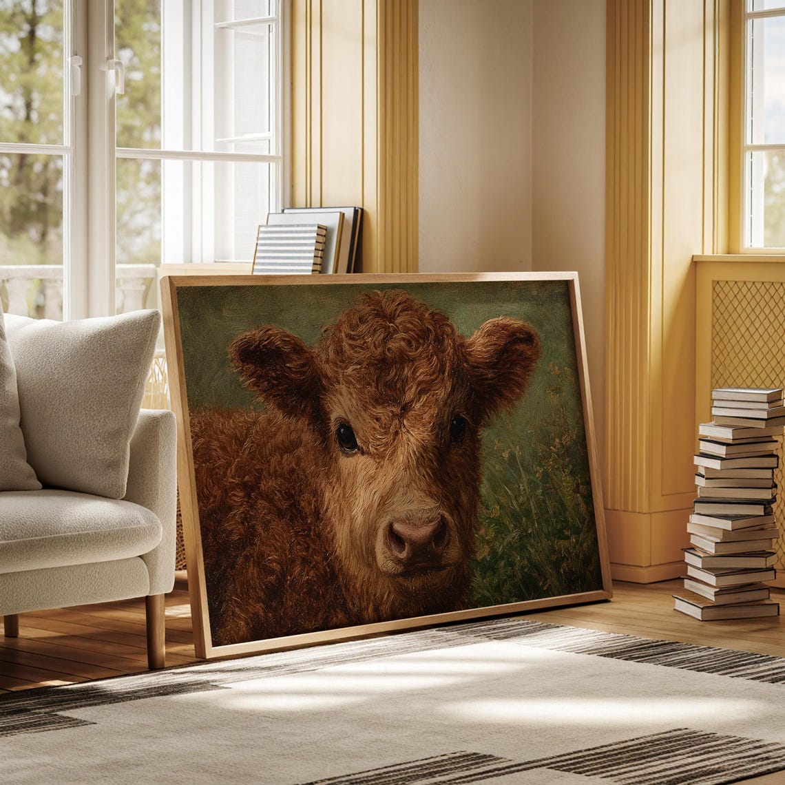 Curlyhaired Highland Calf Vintage Oil Painting Of An Adorable Brown Cow With Soft Fur And Gentle Eyes In A Lush Green Meadow Scene