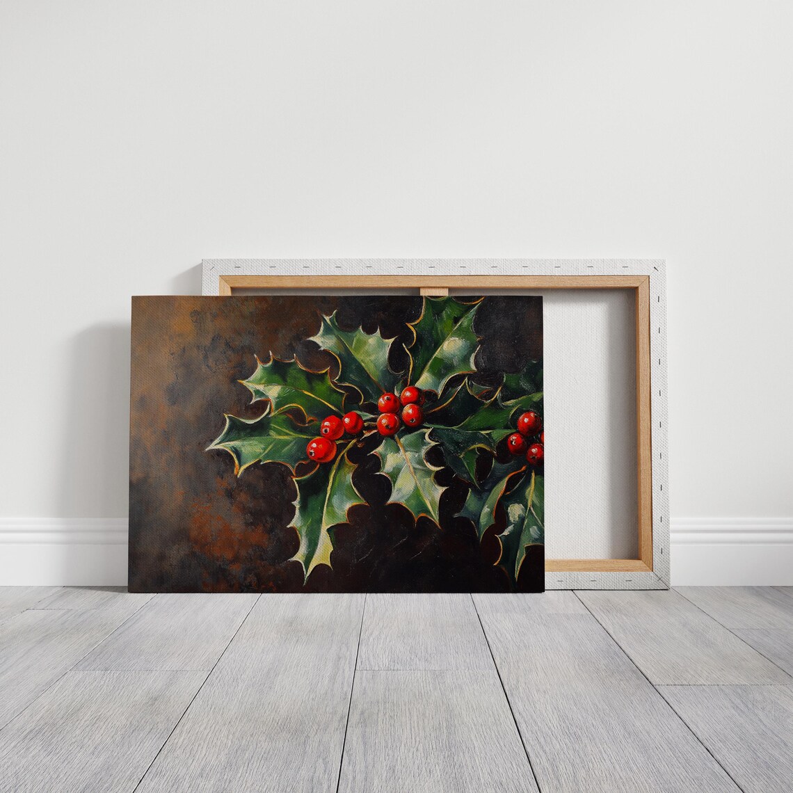 Holly Leaves And Red Berries Dark Oil Painting Christmas Wall Art - Image 6