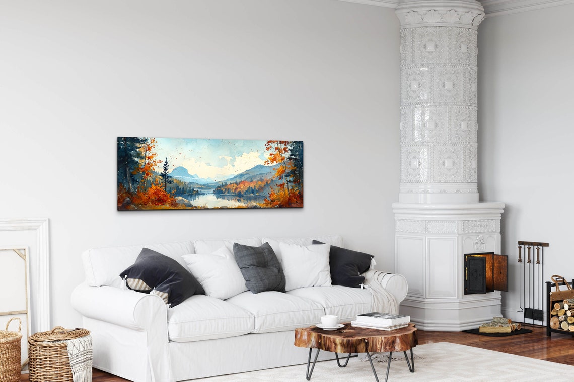 Autumn Valley Lake Watercolor Fall Foliage Panoramic Wall Art - Image 7