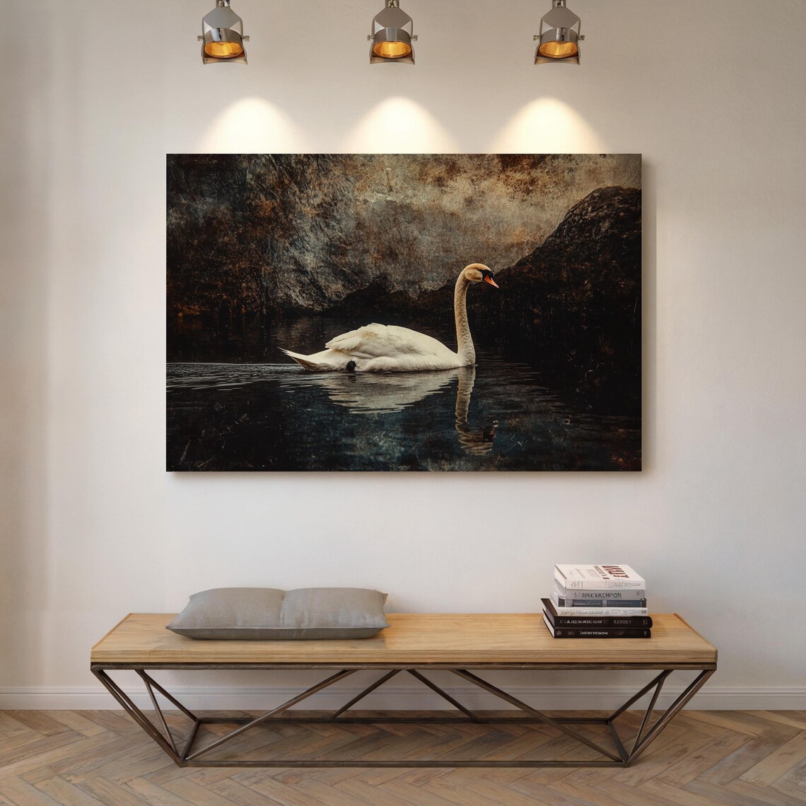 Swan on a Dark Lake Vintage Oil Painting Style Wildlife Poster - Image 3