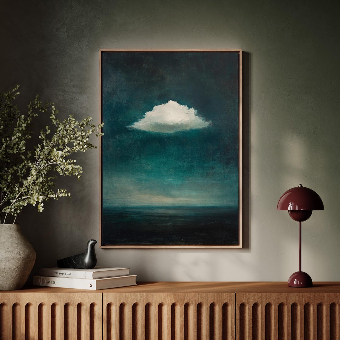 Single White Cloud Over Dark Teal Night Sea Minimalist Wall Art - Image 4