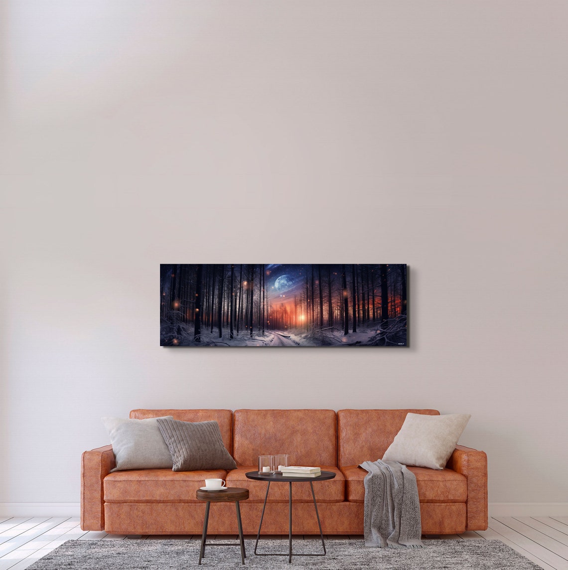 Snowy Forest Moonlight Night Winter Path Panoramic Art Poster - Image 2