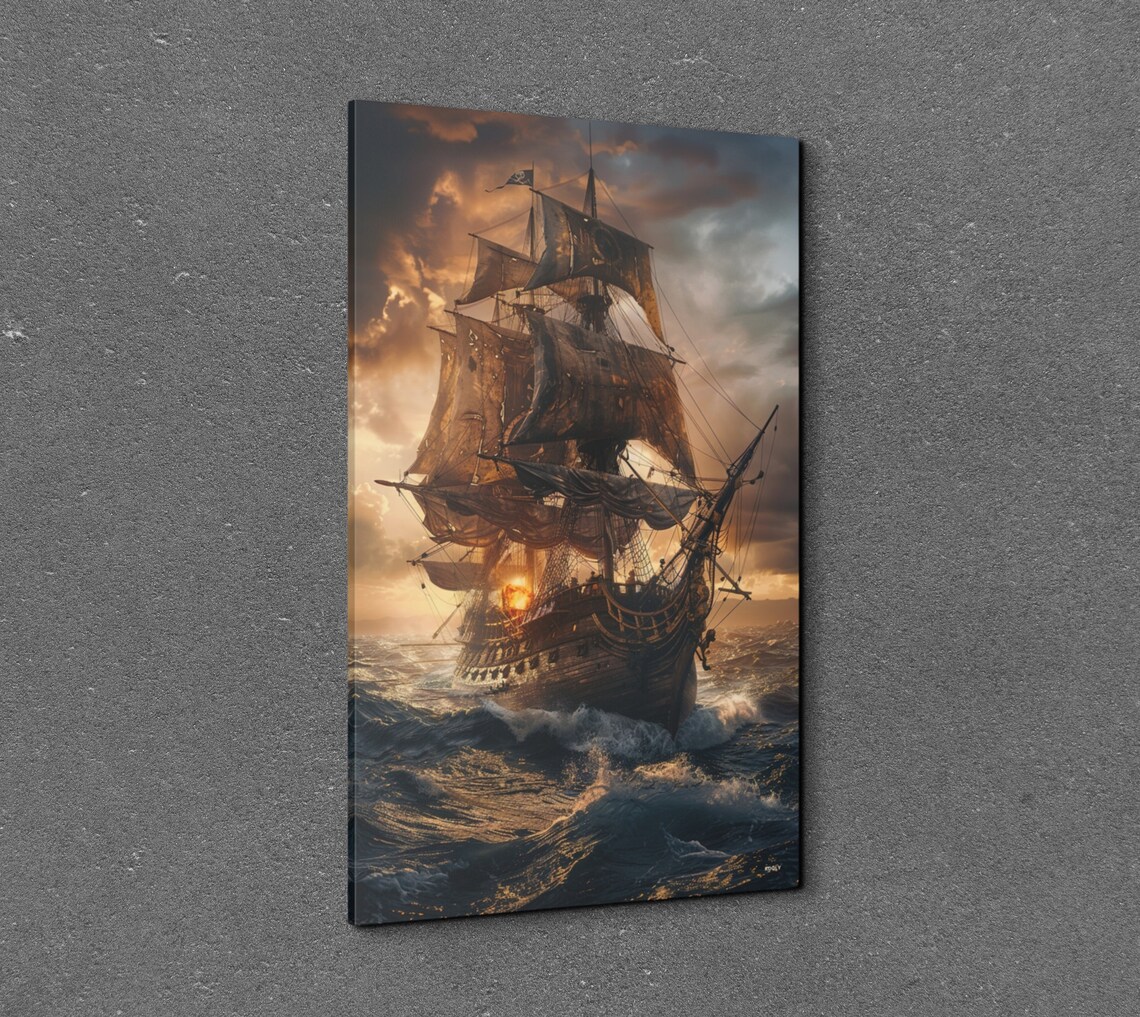 Tall Pirate Ship on Stormy Sea at Golden Sunset Sky Wall Art - Image 7