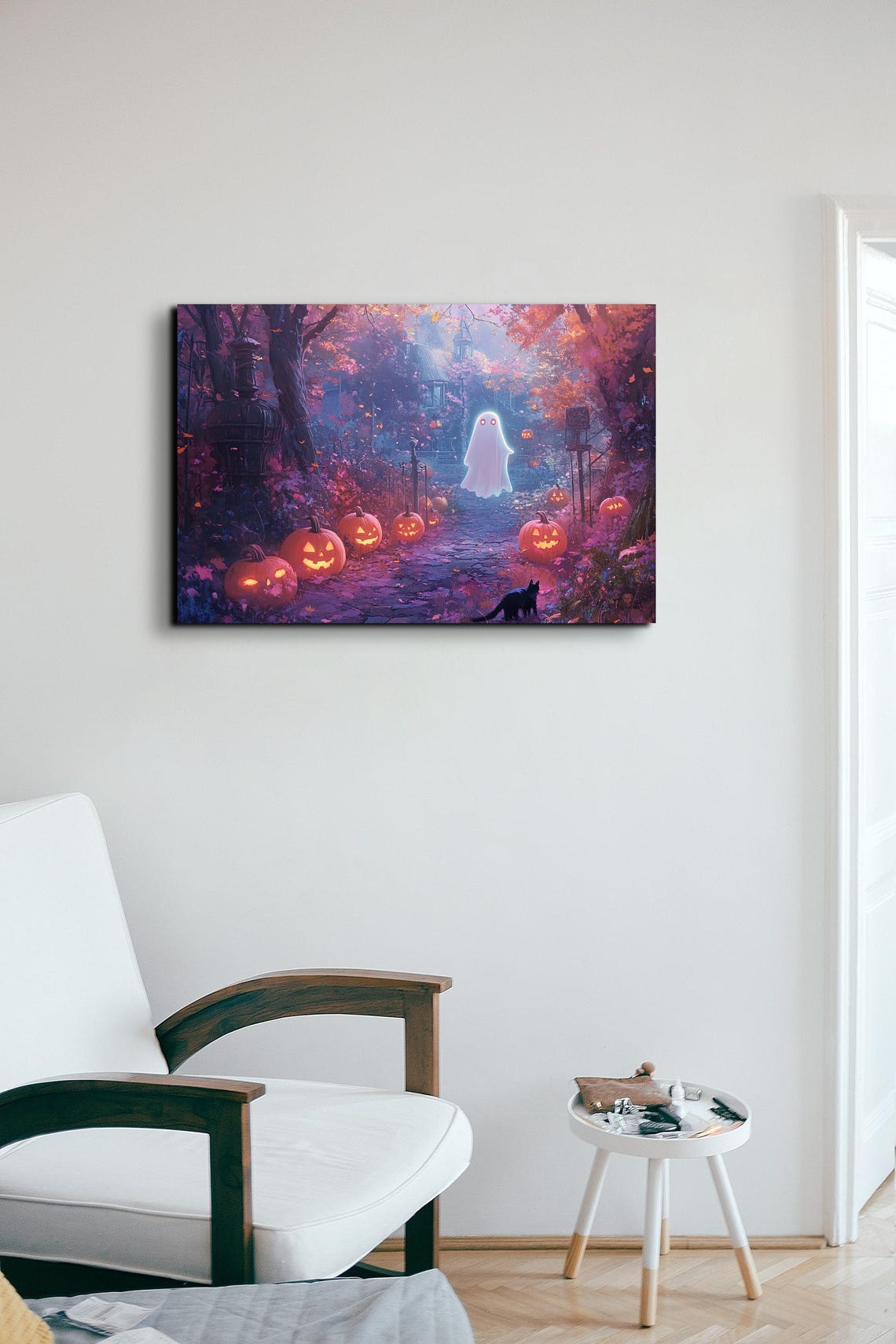 Cute Ghost Pumpkins Black Cat Halloween Night Pathway Scene Poster - Image 6