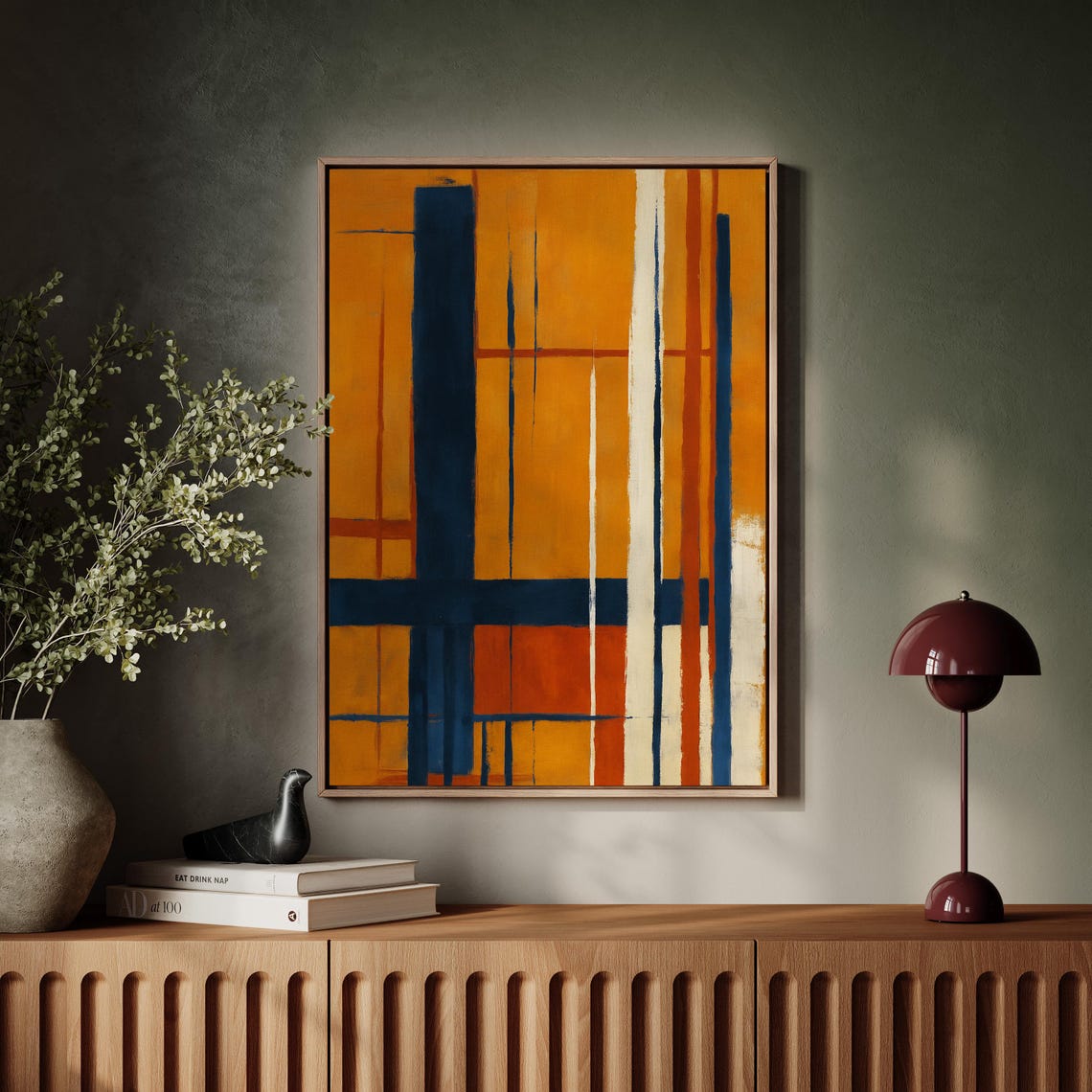 Orange Blue Abstract Painting Poster Bold Geometric Modern Stripe Art