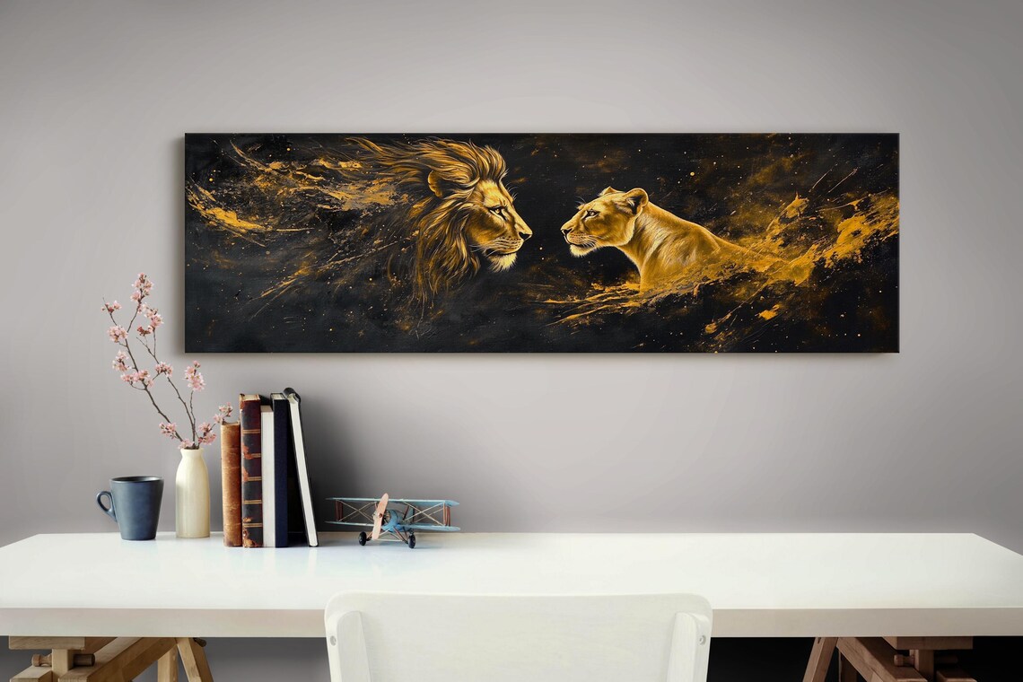 Lion And Lioness Golden Splashes On Black Majestic Wildlife Poster - Image 4