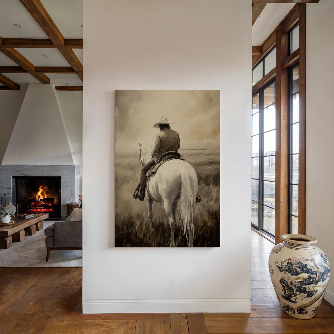 Cowboy Riding White Horse Sepia Tone Western Landscape Poster - Image 2