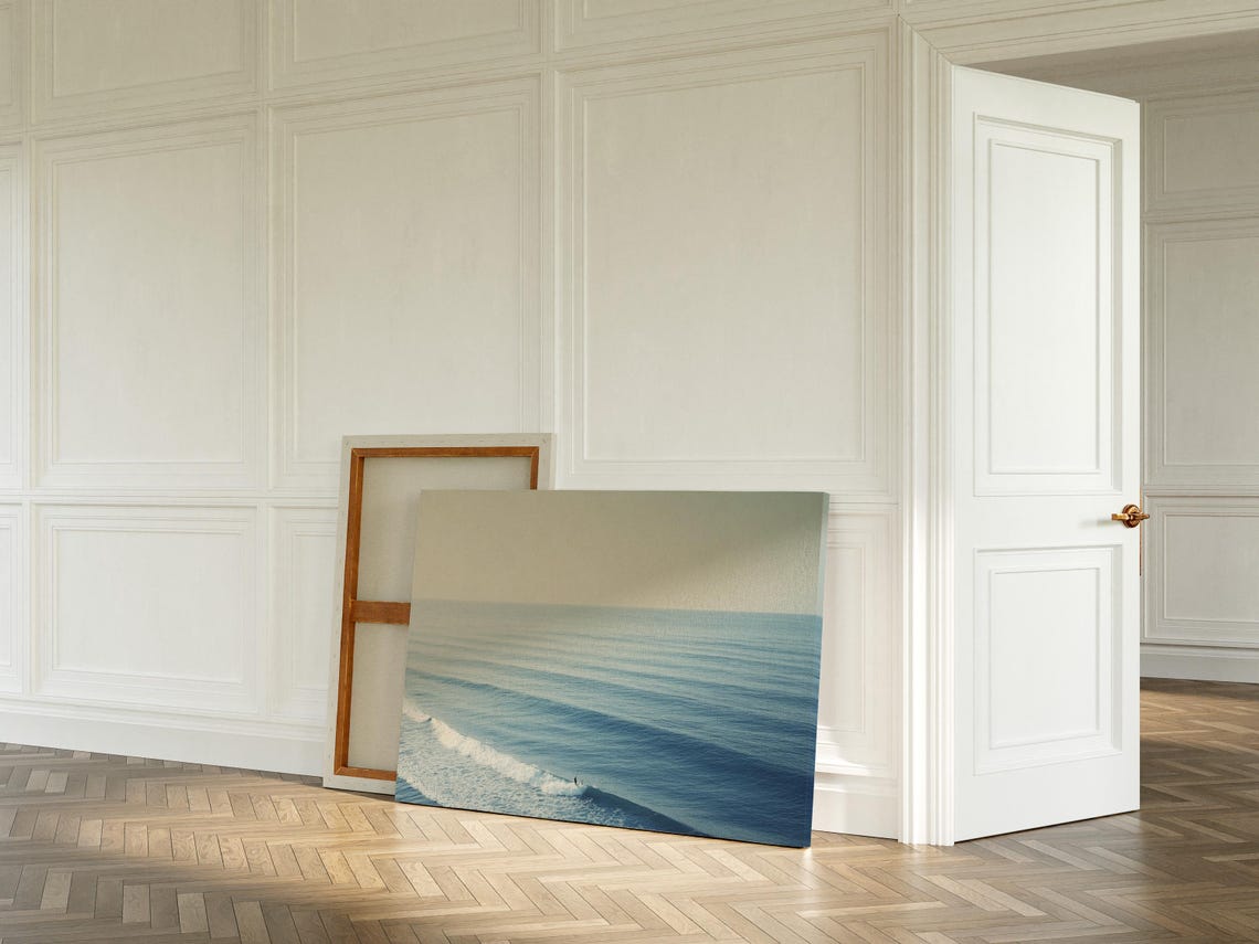 Surfer Ocean Minimalist Wave Art Tranquil Seascape Print Coastal Wall Decor Blue Beach Painting Serene Surfing Scene - Image 3