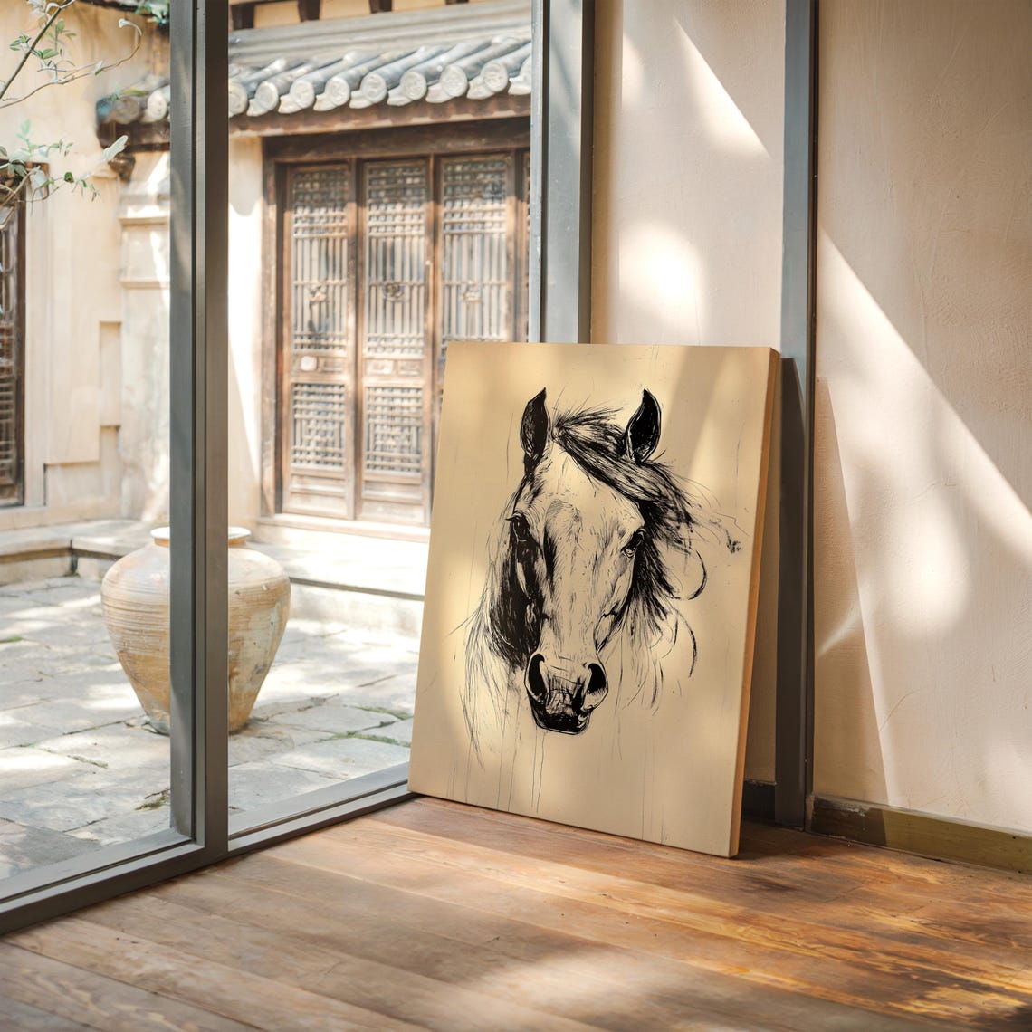 Expressive Front Facing Horse Ink Sketch Equine Painting Poster - Image 3