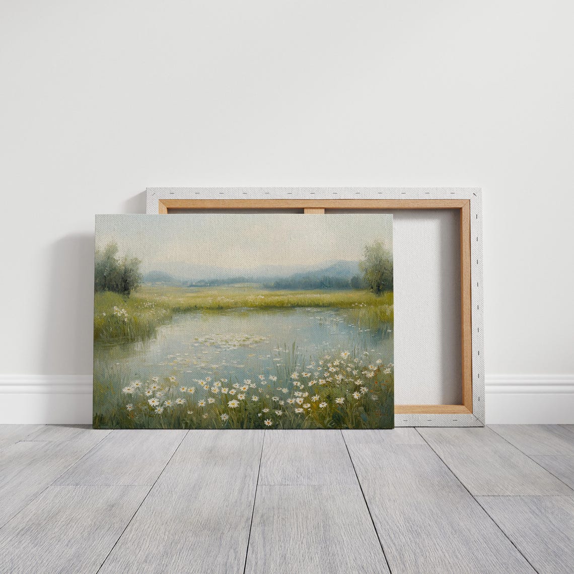 Tranquil Meadow Pond With Wild Daisies Serene Nature Wall Art For Peaceful And Elegant Home Or Office Decor - Image 3