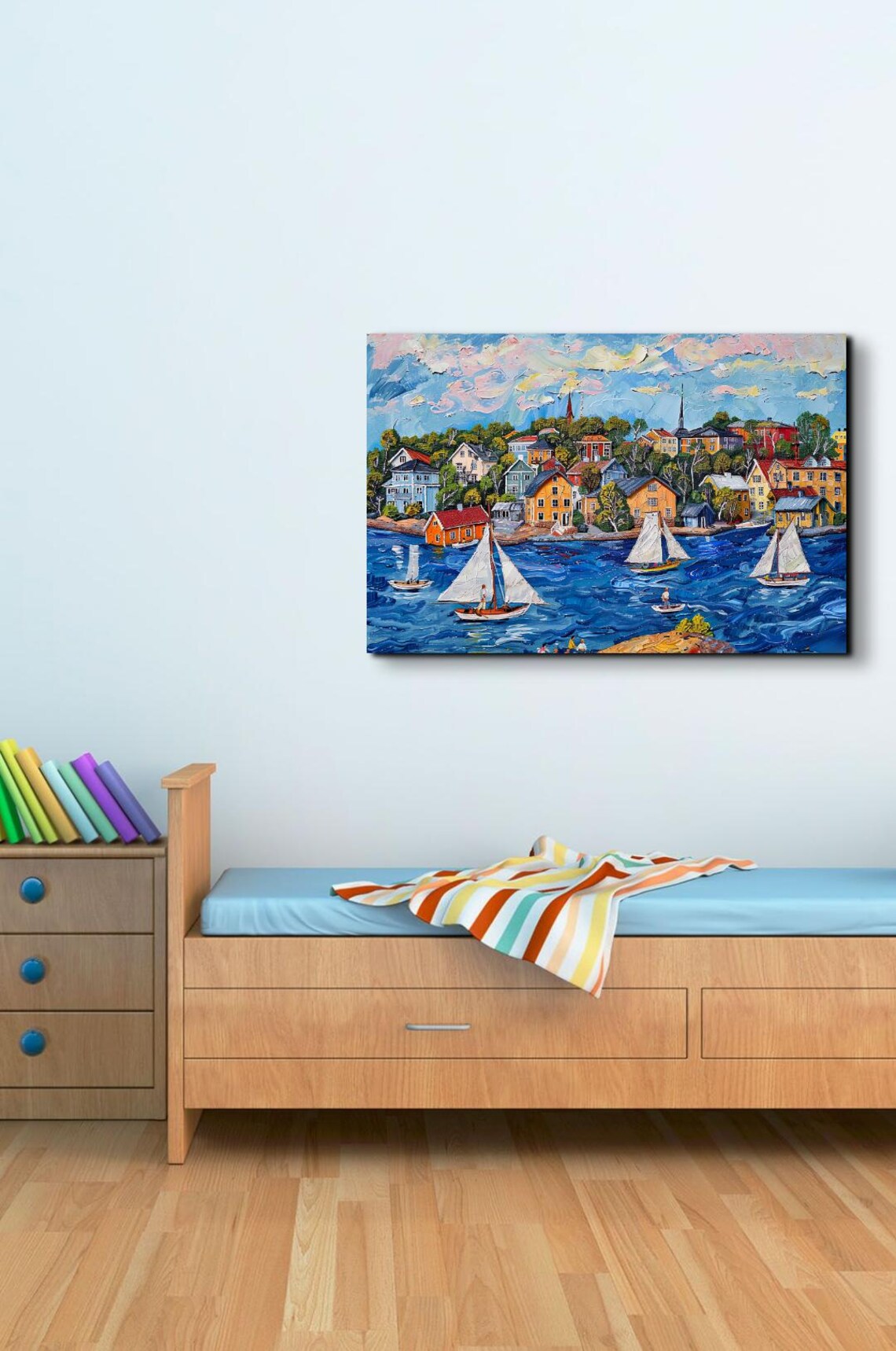 Coastal Village Sailboats Naive Art Style Harbor Painting Poster - Image 4