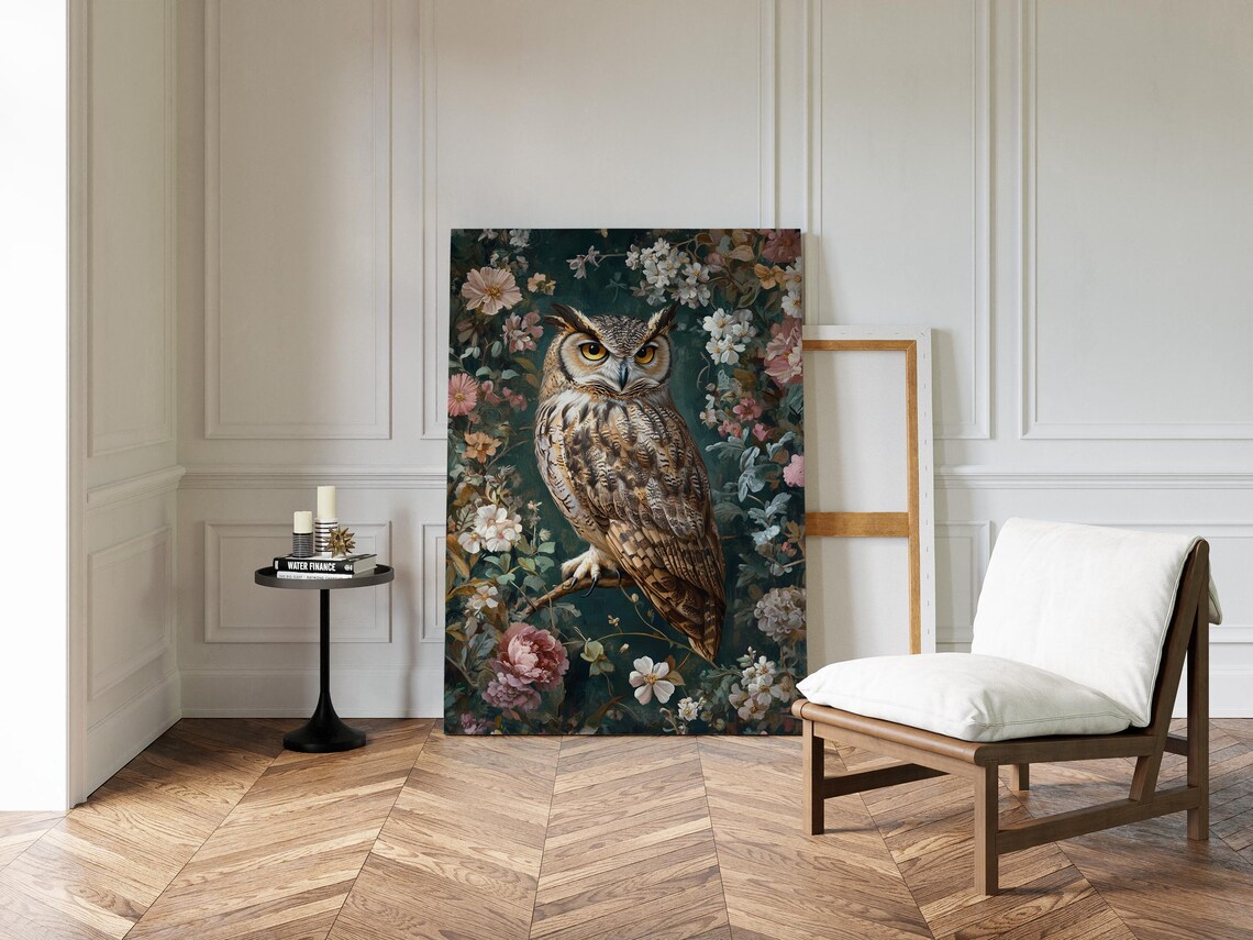 Great Horned Owl On Floral Branch Vintage Woodland Art Poster - Image 3