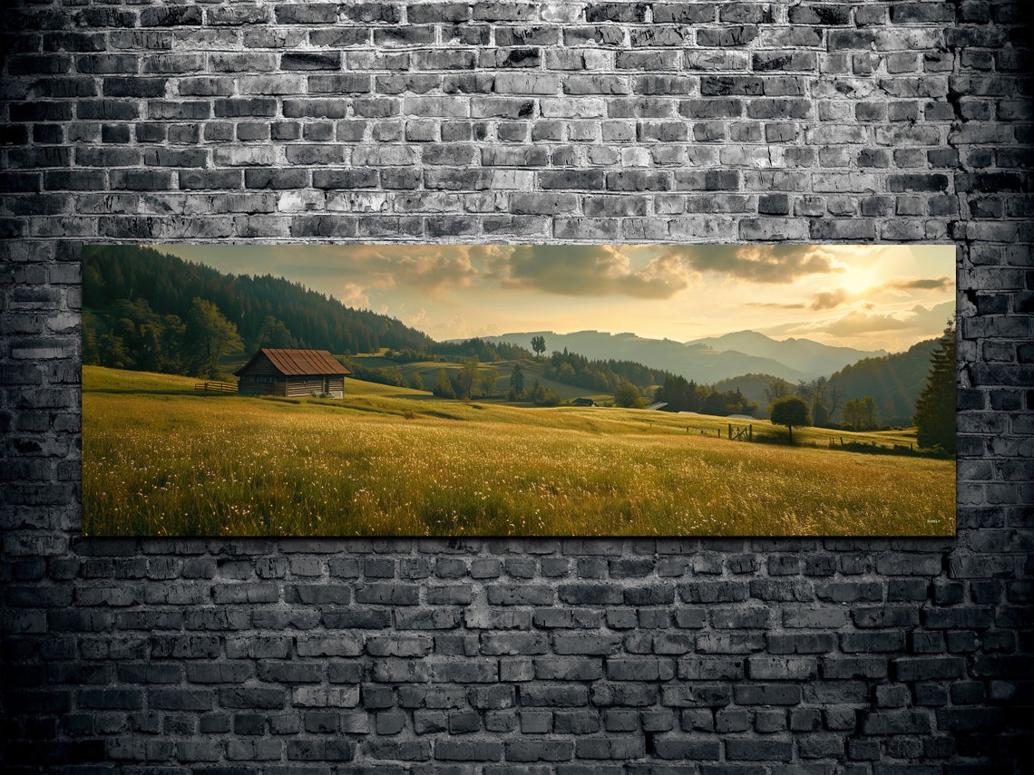 Golden Field with a Wooden Cabin Beneath Mountain Sunset Poster - Image 2