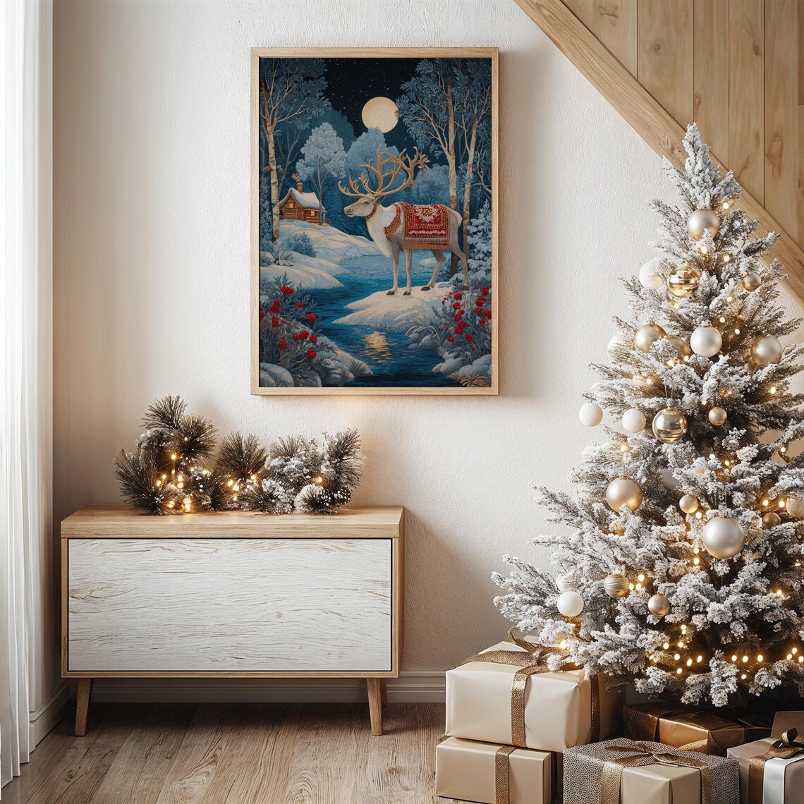 Majestic Reindeer Moonlit Winter Forest Christmas Holiday Art Poster