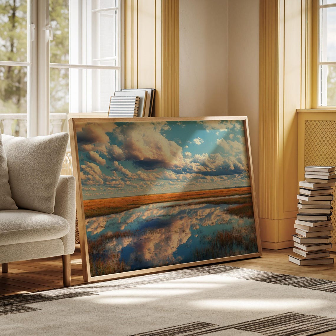 Reflective Wetlands Art Scenic Golden Marshland With Vibrant Clouds And Blue Sky Tranquil Nature Wall Decor
