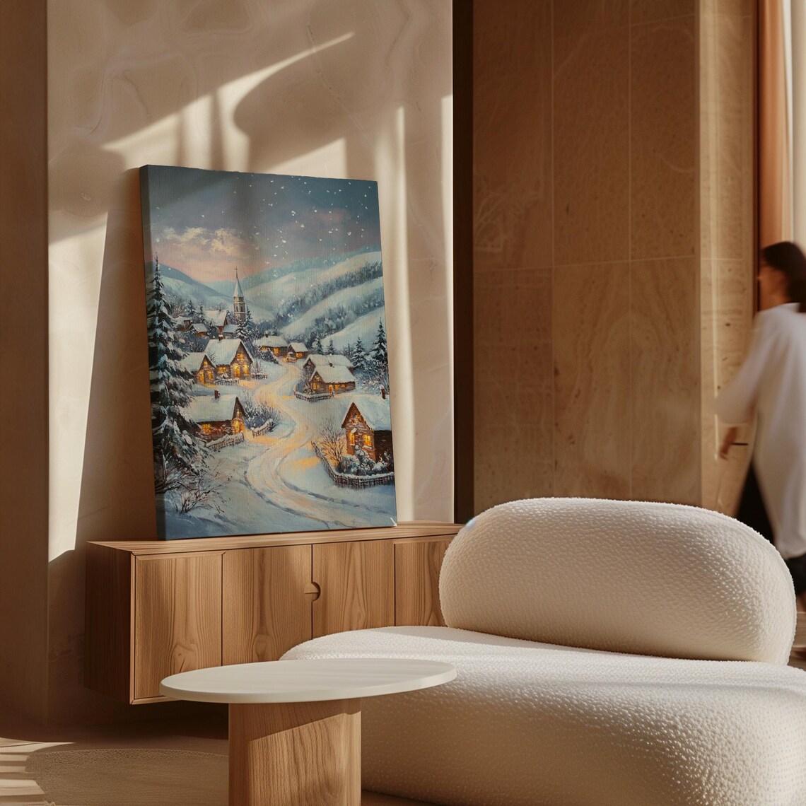 Snowy Village at Dusk With Church Glowing Windows Winter Night Poster - Image 7