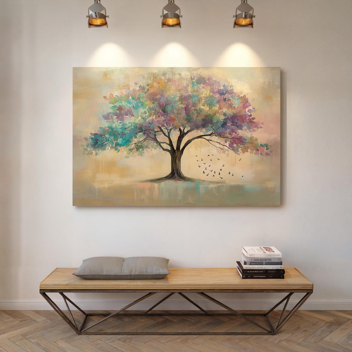 Abstract Pastel Tree With Colorful Leaves And Flying Birds Poster - Image 7