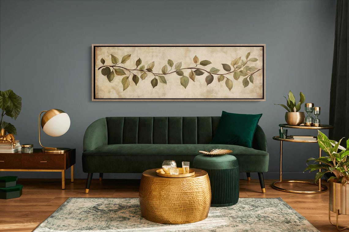 Rustic Botanical Leaf Branch On Aged Paper Earthy Panoramic Wall Art - Image 2