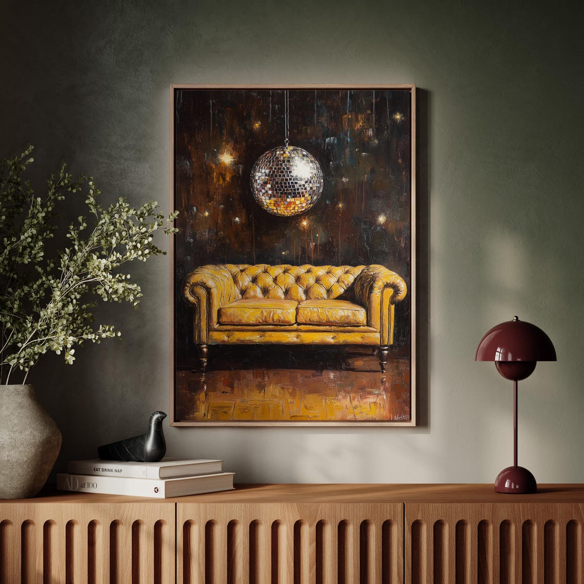 Yellow Chesterfield Sofa Disco Ball Dark Sparkle Retro Poster - Image 7