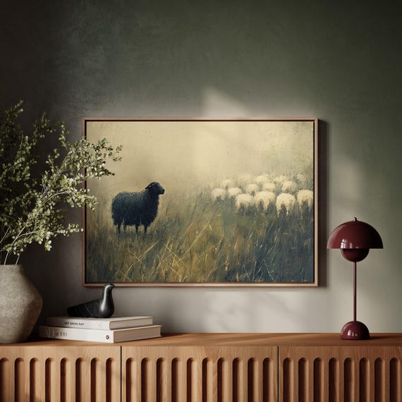 Black Sheep In Golden Field Rustic Farmhouse Wall Art Moody Animal Nature Print For Modern Home Or Office Decor