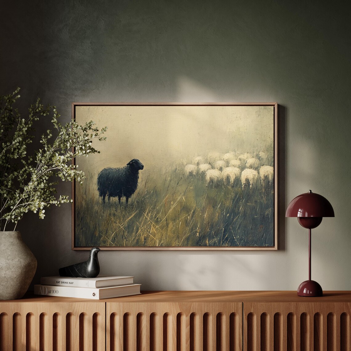 Black Sheep Standing in a Golden Field Moody Rustic Farmhouse Poster