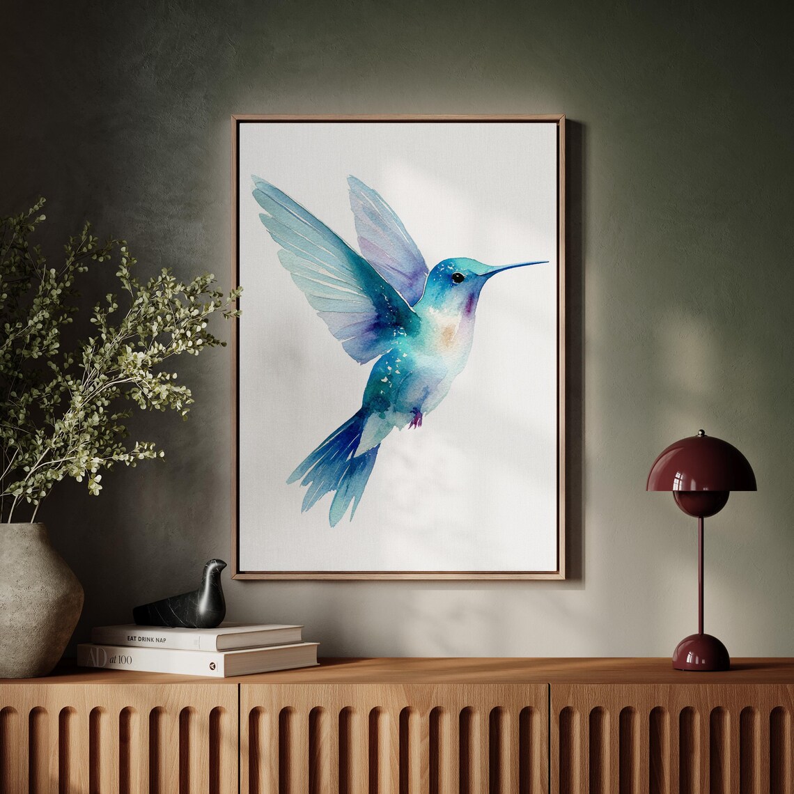 Blue Hummingbird Flying In Flight Watercolor Wildlife Bird Poster