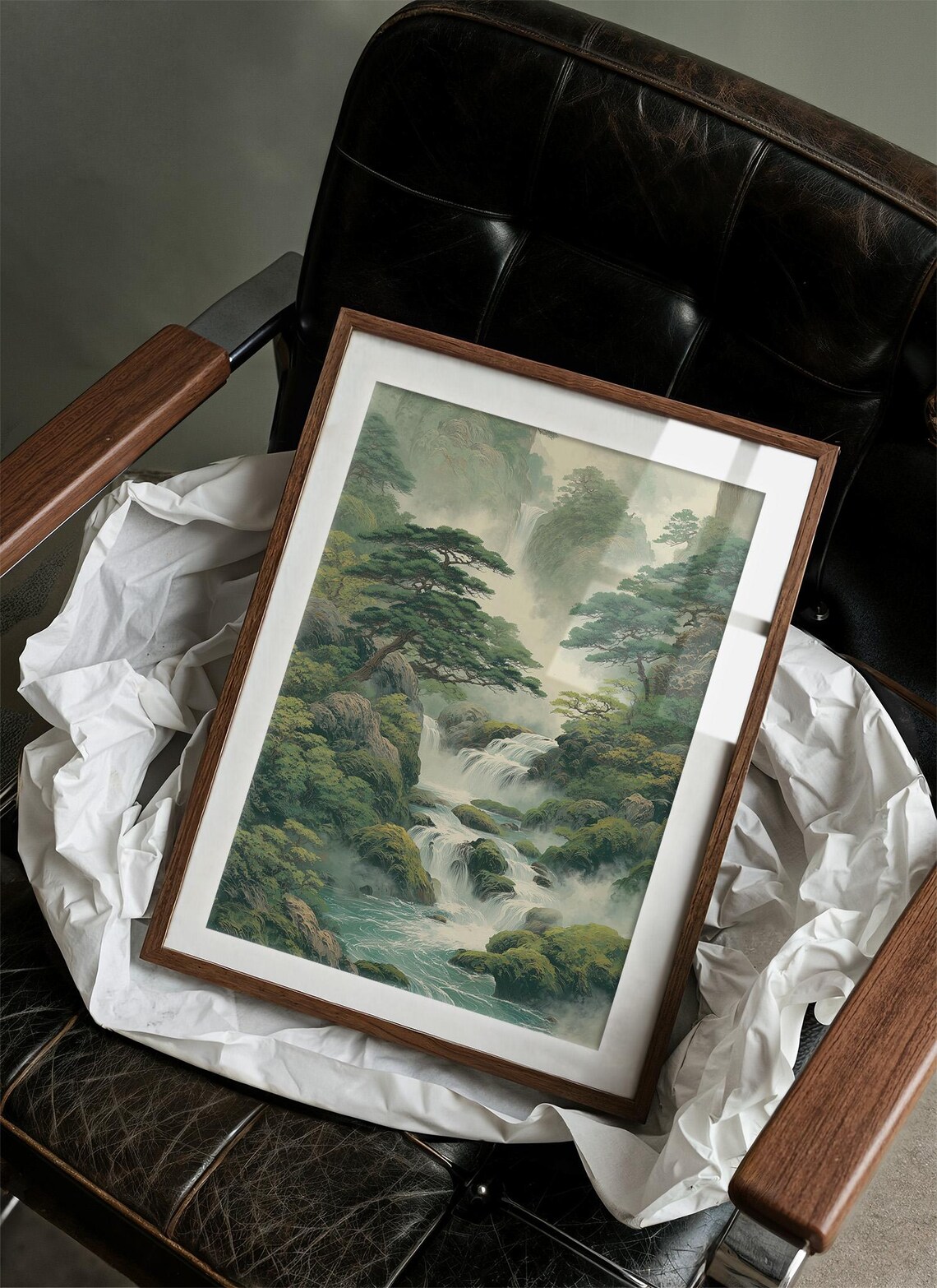 Misty Waterfall Pine Forest Asian Style Tranquil Nature Art Poster