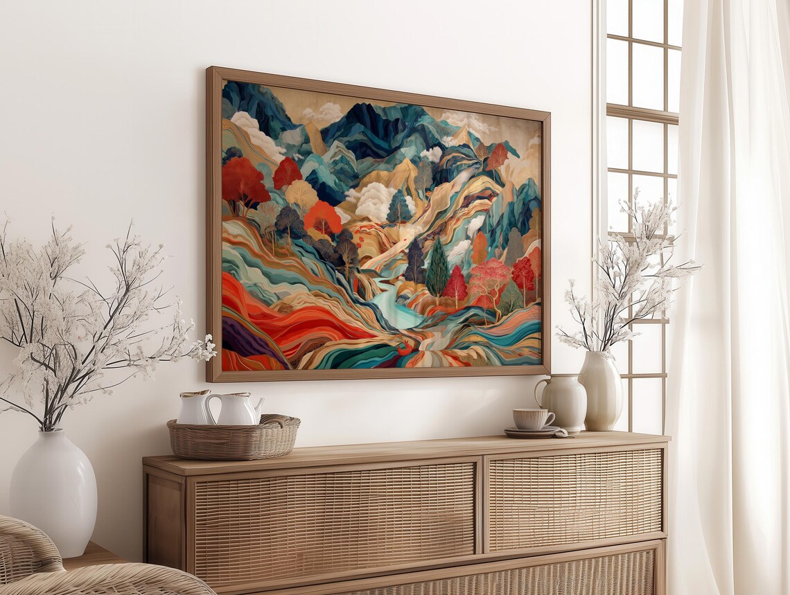 Colorful Rivers Through Abstract Mountain Valleys Modern Art Poster