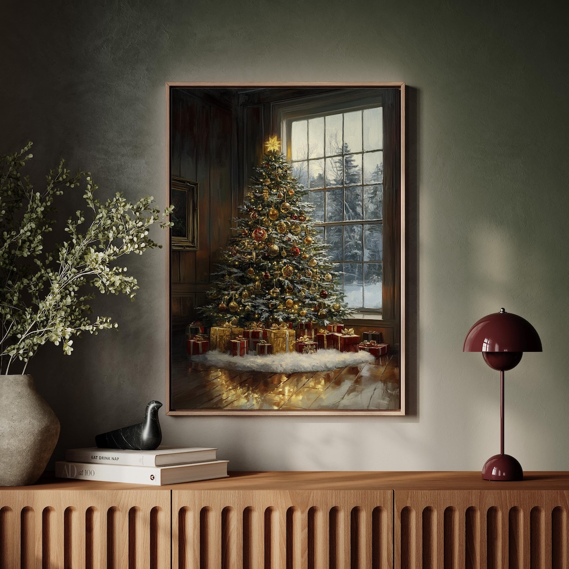Vintage Christmas Tree Window Golden Gifts Cozy Holiday Night Poster Art