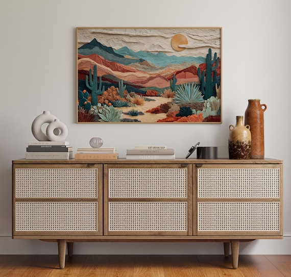 Textured Desert Landscape With Saguaro Cactus And Golden Sun Poster