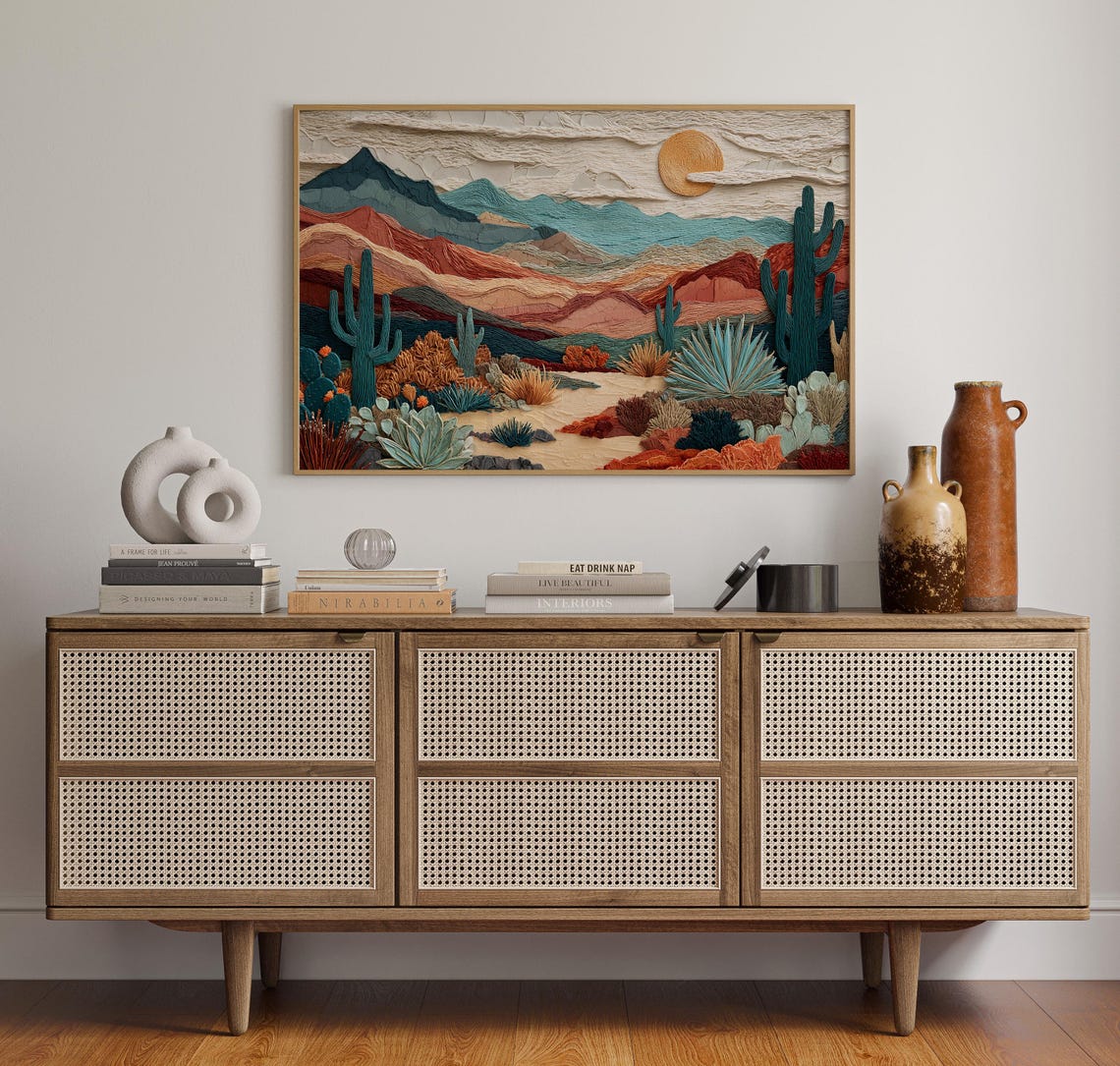 Textured Desert Landscape With Saguaro Cactus And Golden Sun Poster