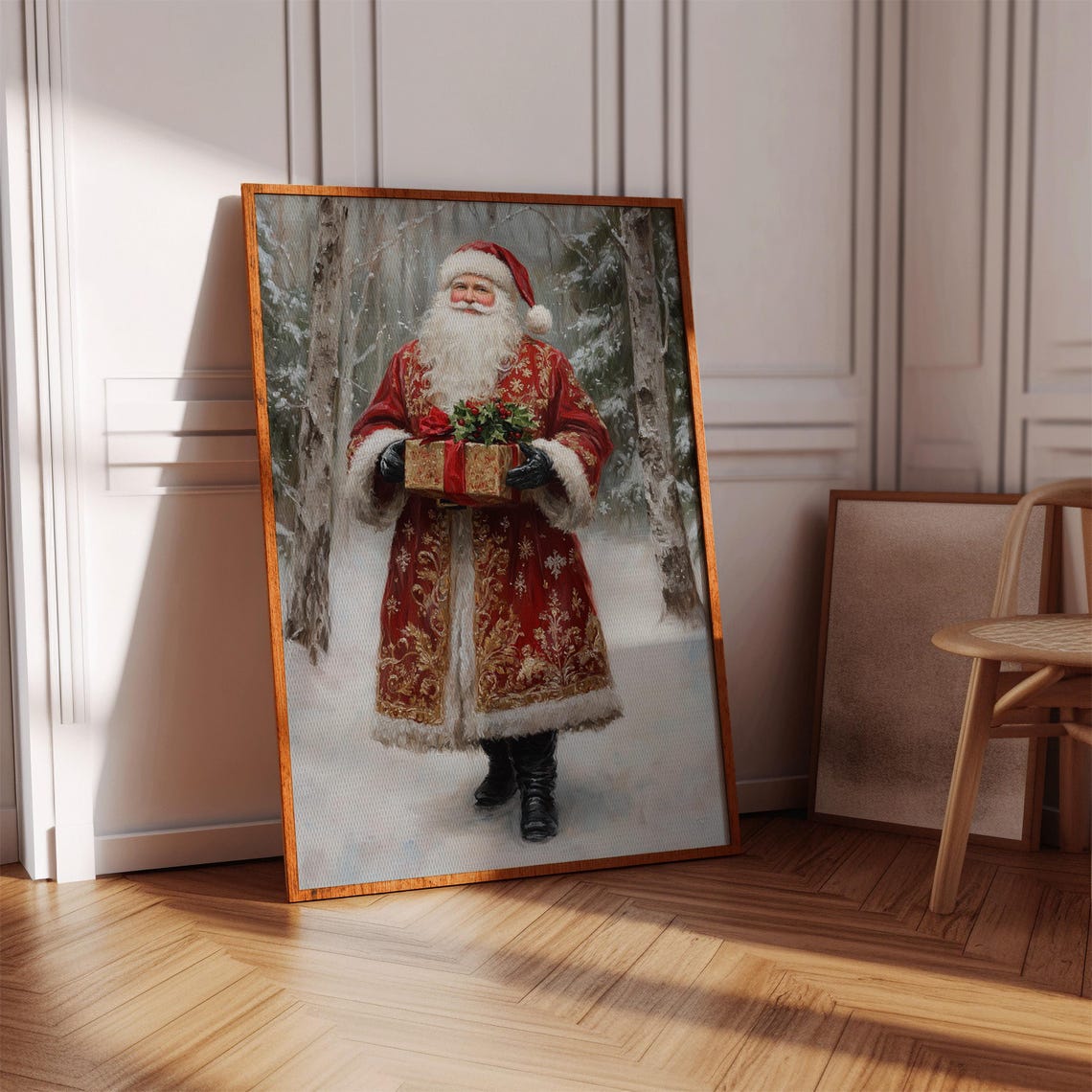 Vintage Santa Claus Red Gold Robe Gift Snowy Forest Christmas Poster