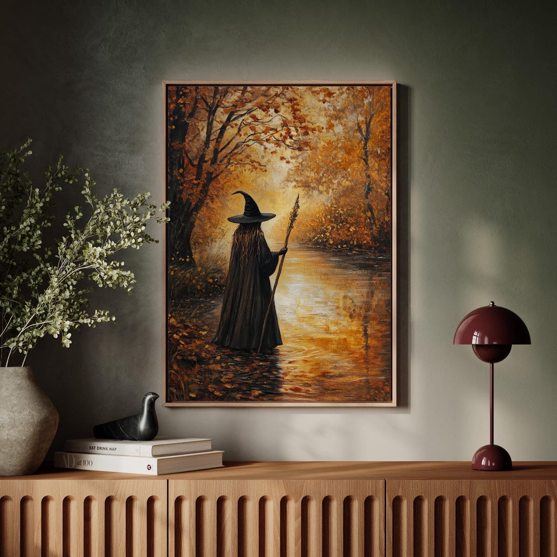 Mystical Witch Walking Along a Golden River in Autumn Forest Poster - Image 7