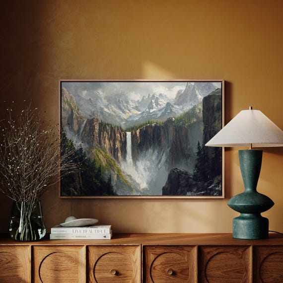Mountain Waterfall Majestic Wilderness Wall Art Misty Cliff Landscape Scenic Nature Painting Adventure Home Decor