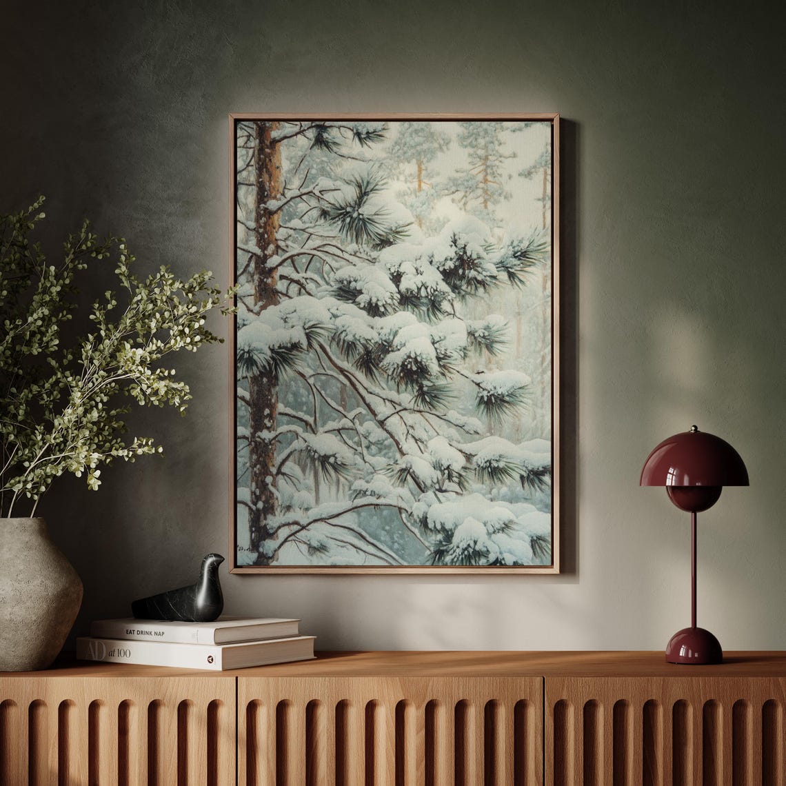 Snow Covered Pine Branches Misty Winter Forest Landscape Art Print