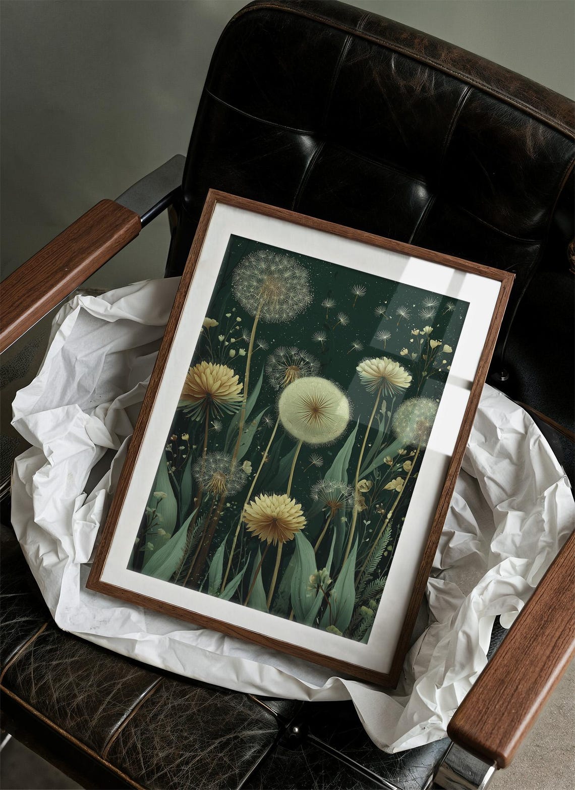 Botanical Dandelion on Dark Green Gold Elegant Floral Study Poster