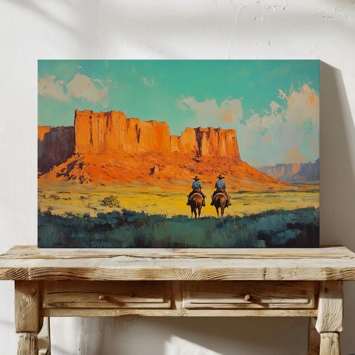 Cowboys on Horseback Riding Across Desert Toward Red Mesas Poster - Image 5