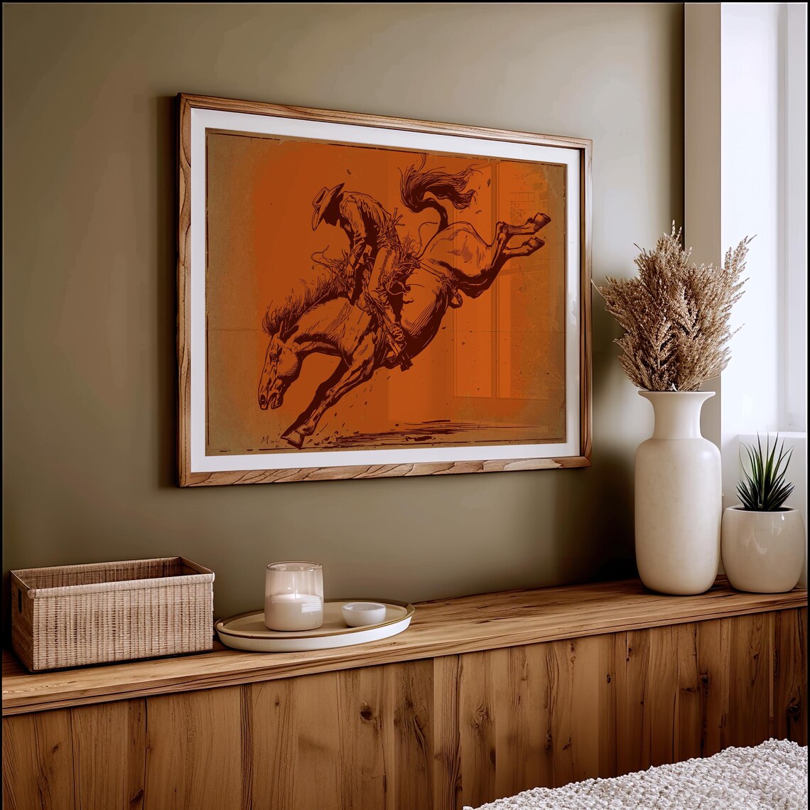 Rodeo Cowboy Riding Bucking Horse Vintage Orange Western Sketch Poster
