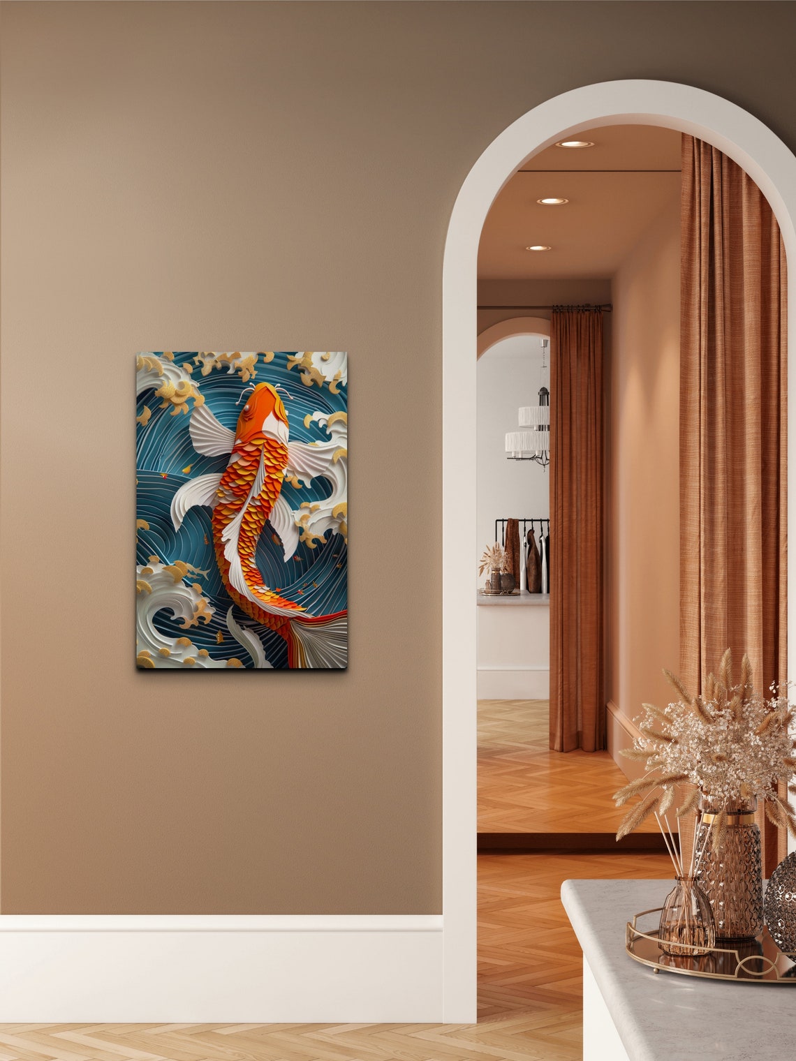 Orange Koi Fish Blue Ocean Waves Gold Clouds Japanese Poster - Image 7
