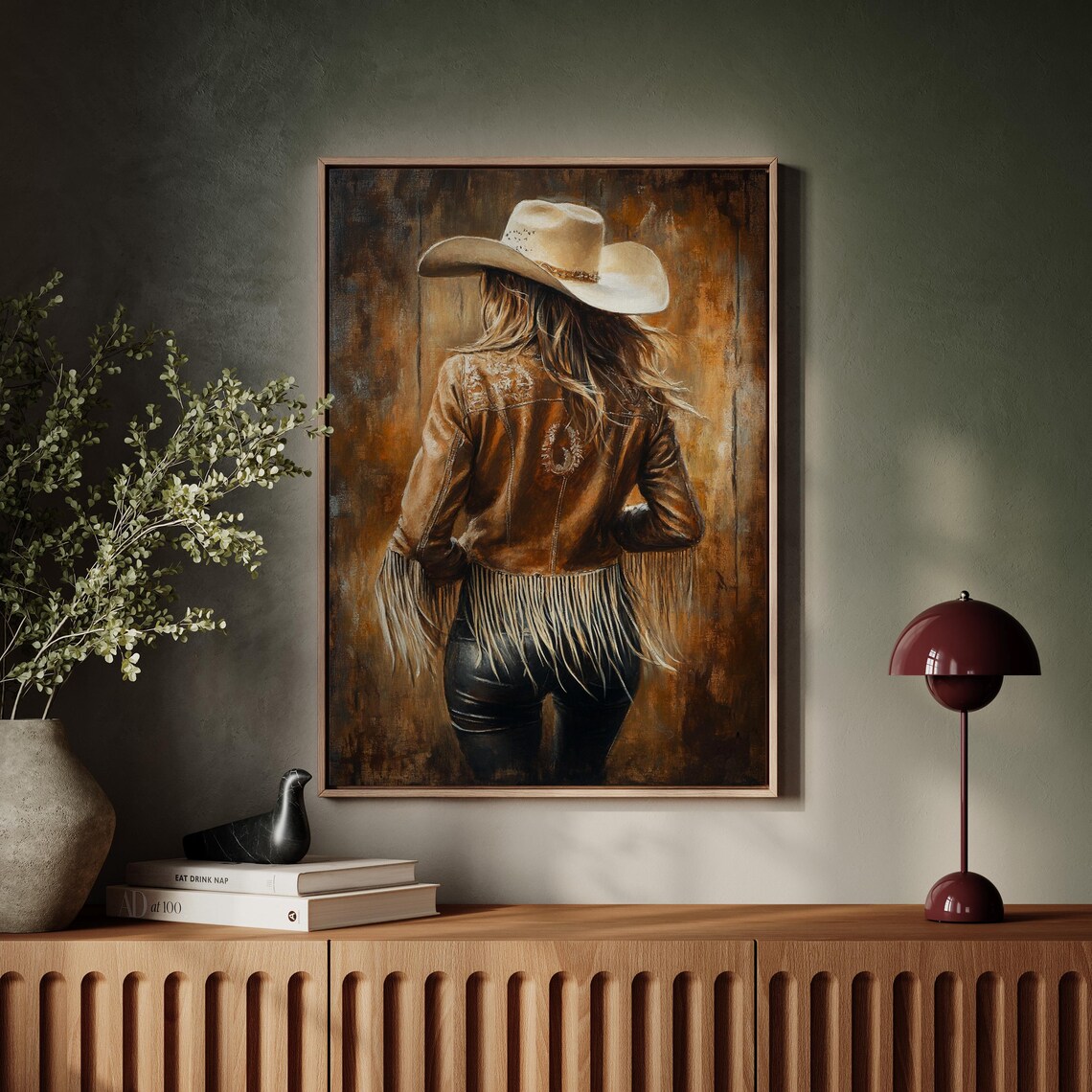 Cowgirl Back View in Brown Leather Fringe Jacket Western Poster - Image 5