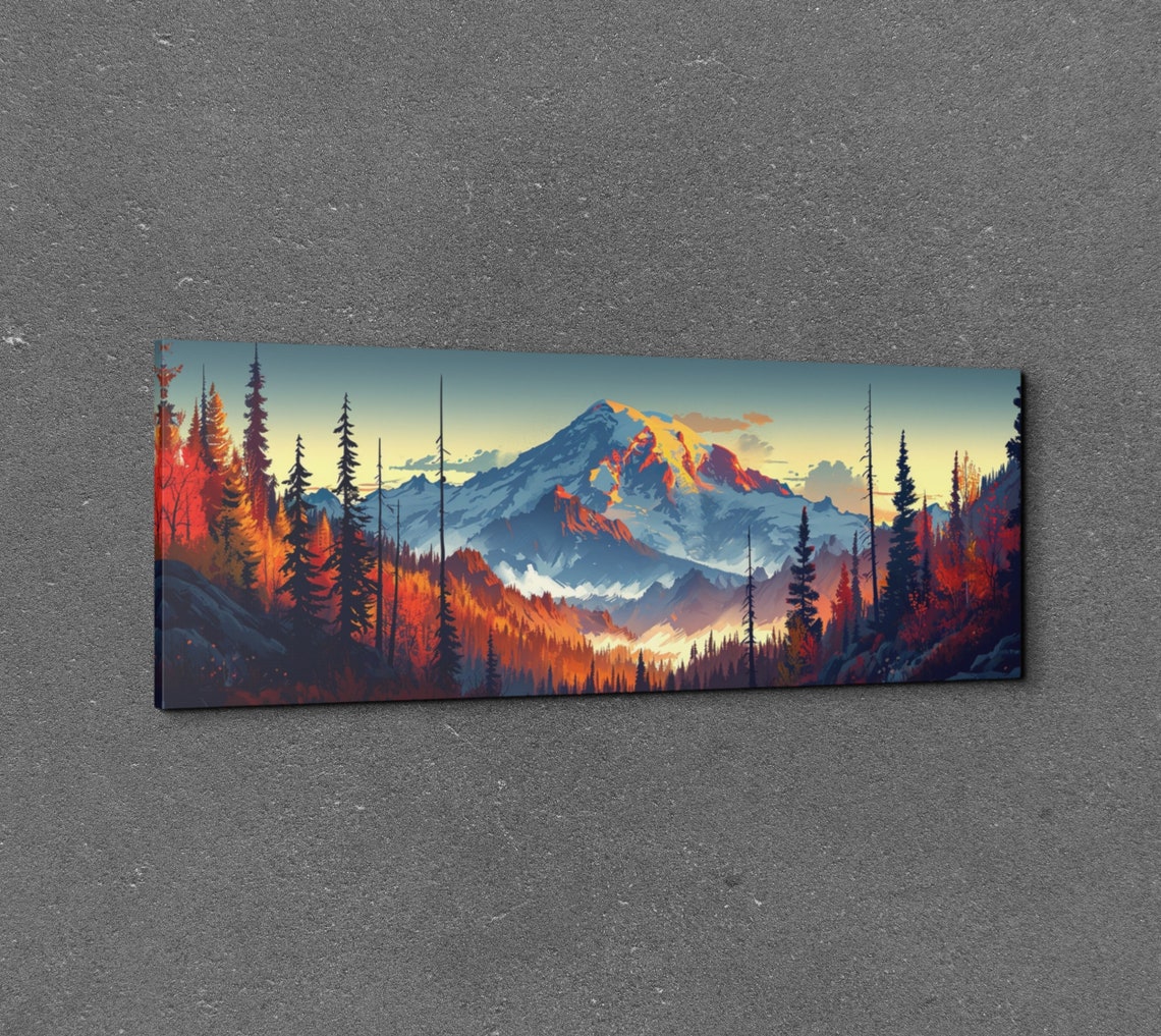 Panoramic Mount Rainier Autumn Forest Snow Peak Landscape Wall Art - Image 3