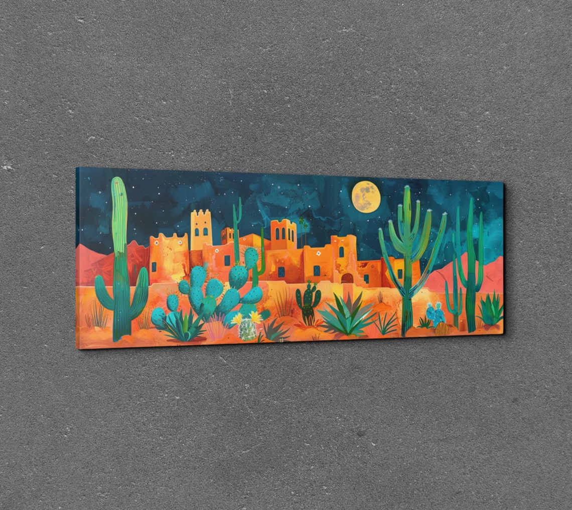 Moonlit Adobe Desert Town Full Moon Saguaro Cactus Night Poster - Image 3