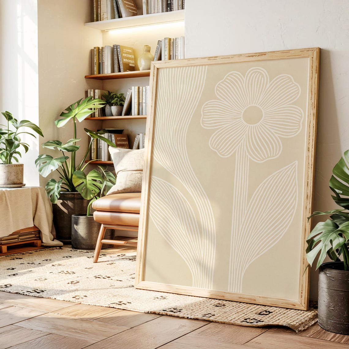 Minimalist Neutral Flower Line Art Beige Botanical Modern Poster