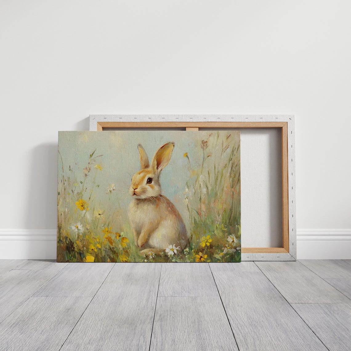 Adorable Bunny Rabbit In Wildflower Meadow Pastel Spring Wall Art - Image 3