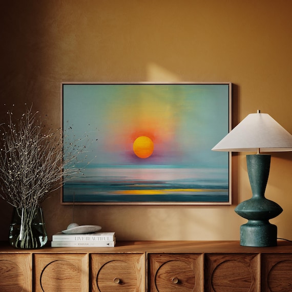 Minimalist Ocean Sunset Bold Orange Sun Abstract Seascape Poster