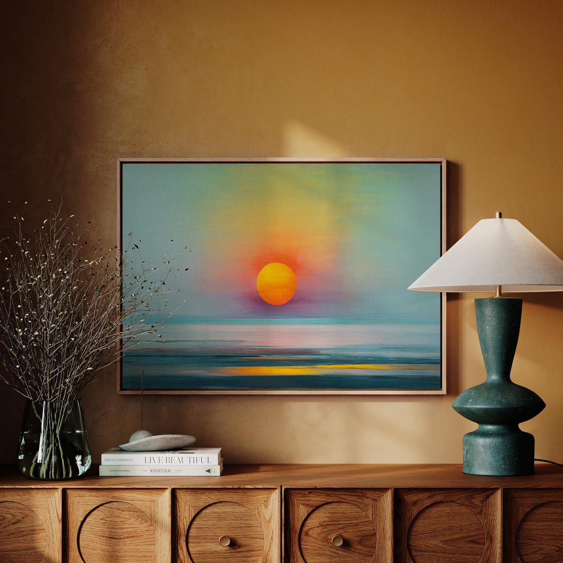 Minimalist Ocean Sunset Bold Orange Sun Abstract Seascape Poster